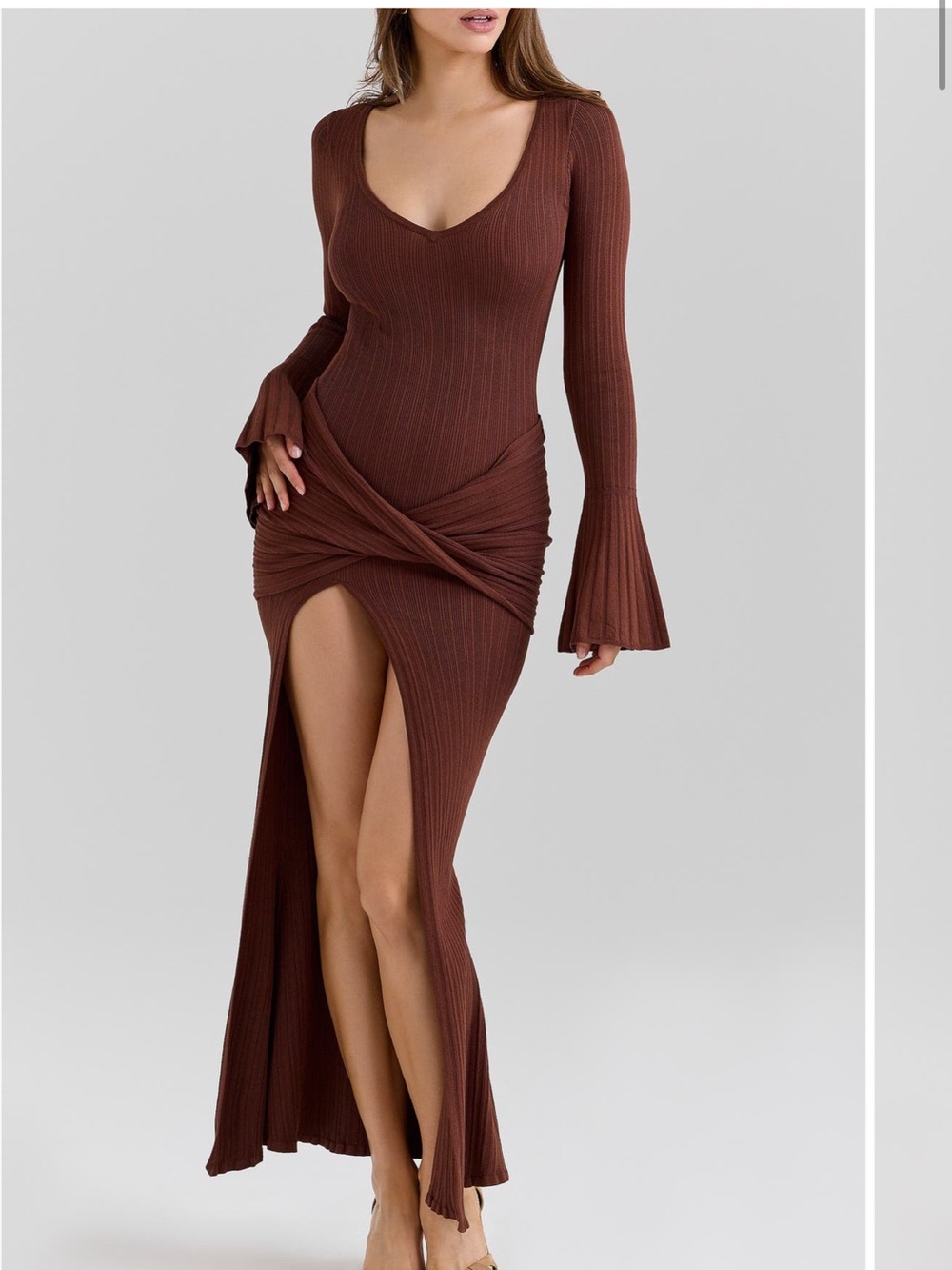HOUSE OF CB Khrysta Long Sleeve Rib Body-Con Maxi Cocktail Dress Brown Espresso